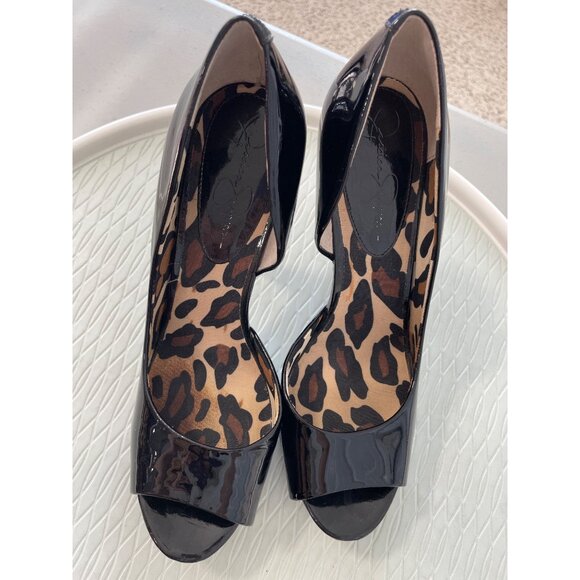 Jessica Simpson Acadia Pumps Size 9.5 Black Patent Leather Peep Toe Animal Print - Picture 7 of 10